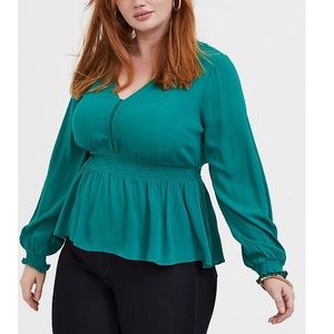 Emerald Green Gauze Smocked Peplum Midi Blouse